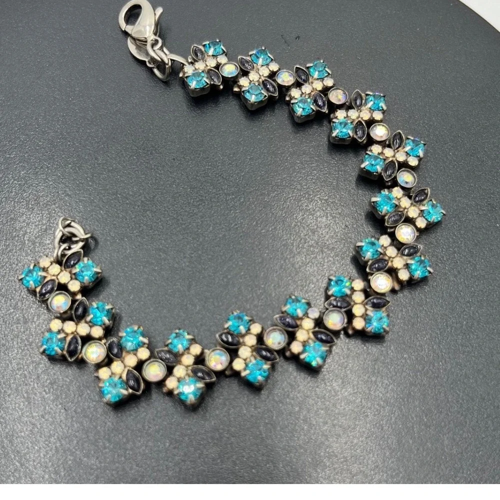 SORRELLI Teal Blue & White Crystal Geometric Antiqued Silver Bracelet